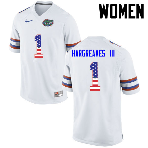 Women Florida Gators #1 Vernon Hargreaves III College Football USA Flag Fashion Jerseys-White - Click Image to Close